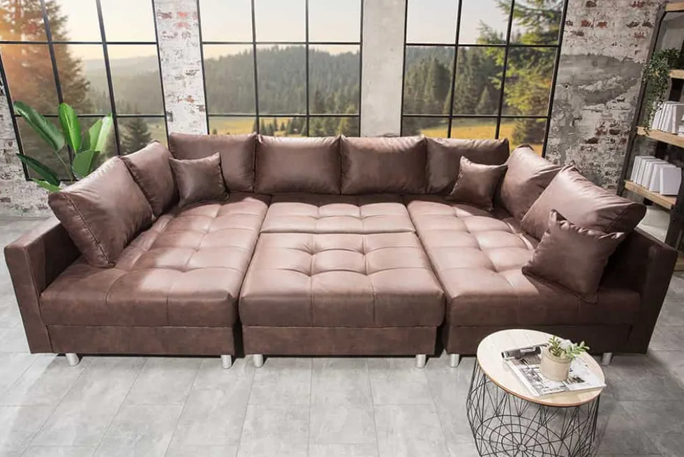 Moderne XXL Wohnlandschaft KENT 305cm antik braun Federkern Bigsofa inkl. Hocker