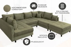 Moderne XXL Wohnlandschaft KENT 305cm grün Cord Bigsofa inkl. Hocker Federkern