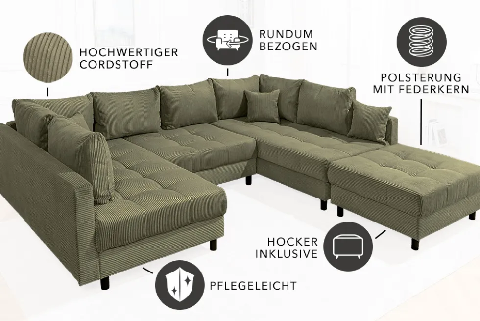 Moderne XXL Wohnlandschaft KENT 305cm grün Cord Bigsofa inkl. Hocker Federkern