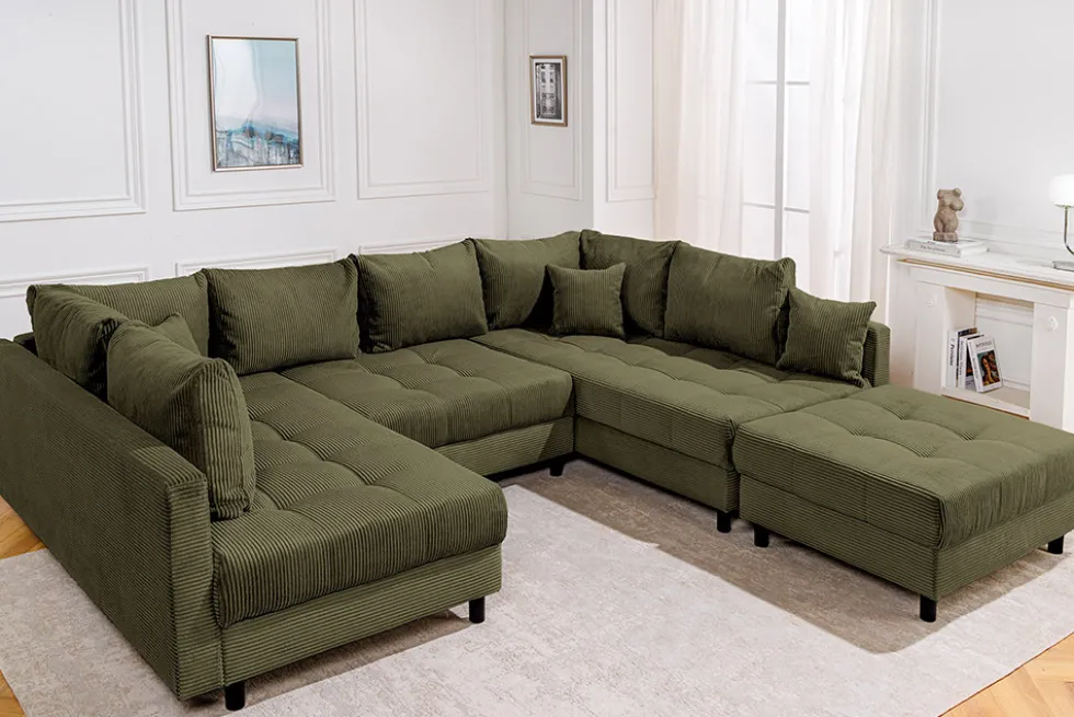 Moderne XXL Wohnlandschaft KENT 305cm grün Cord Bigsofa inkl. Hocker Federkern