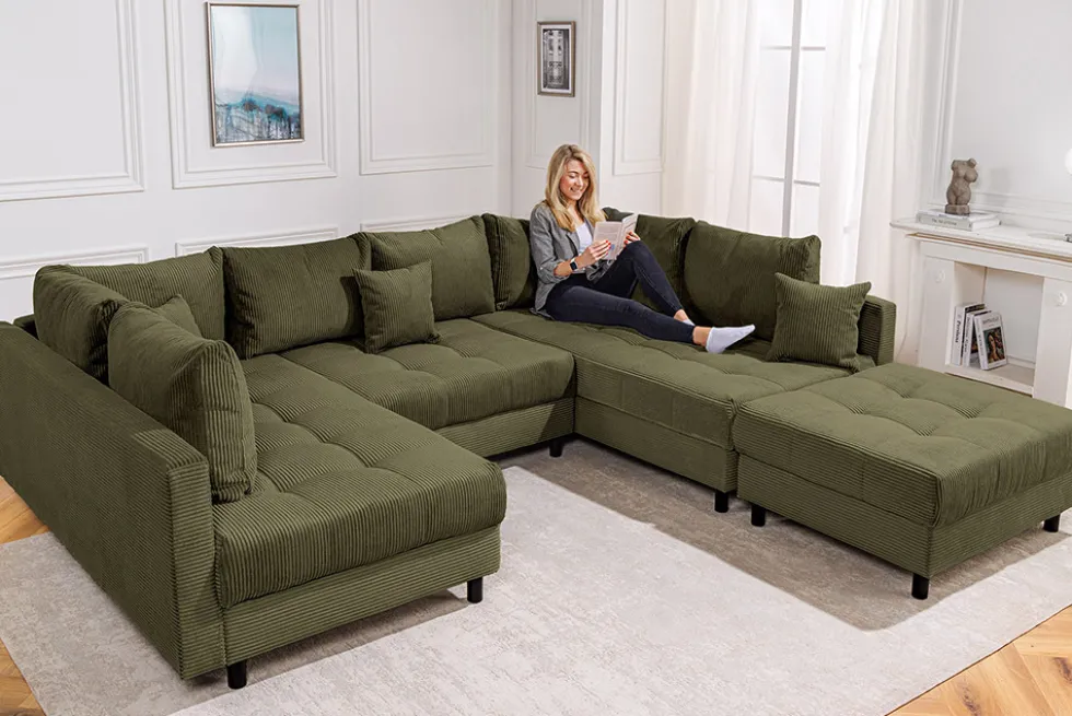 Moderne XXL Wohnlandschaft KENT 305cm grün Cord Bigsofa inkl. Hocker Federkern