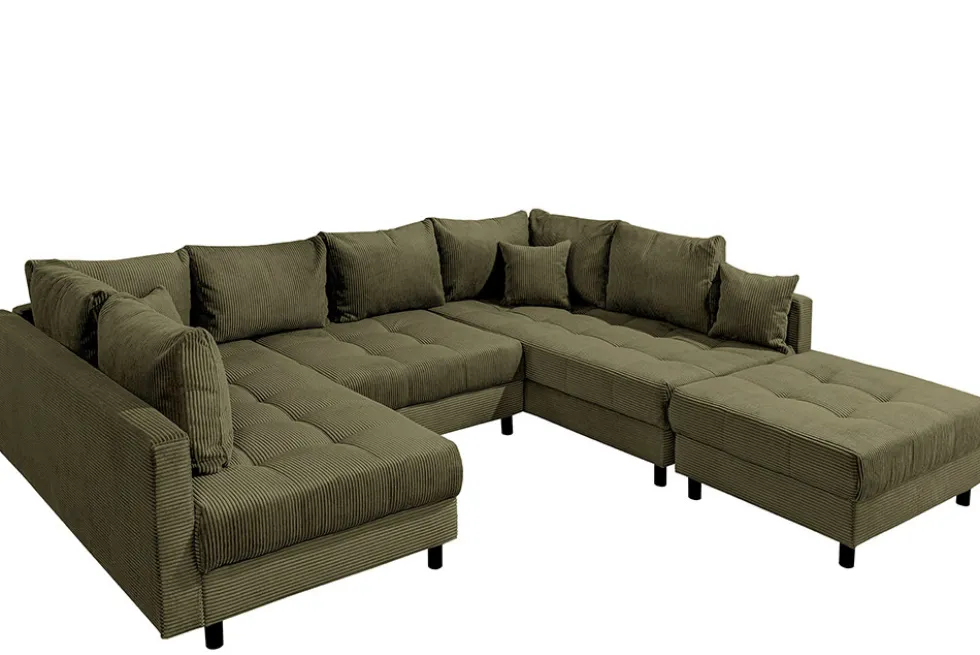 Moderne XXL Wohnlandschaft KENT 305cm grün Cord Bigsofa inkl. Hocker Federkern