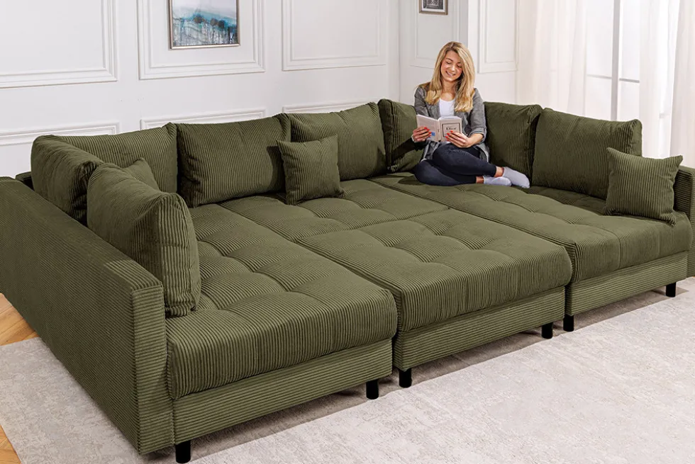 Moderne XXL Wohnlandschaft KENT 305cm grün Cord Bigsofa inkl. Hocker Federkern