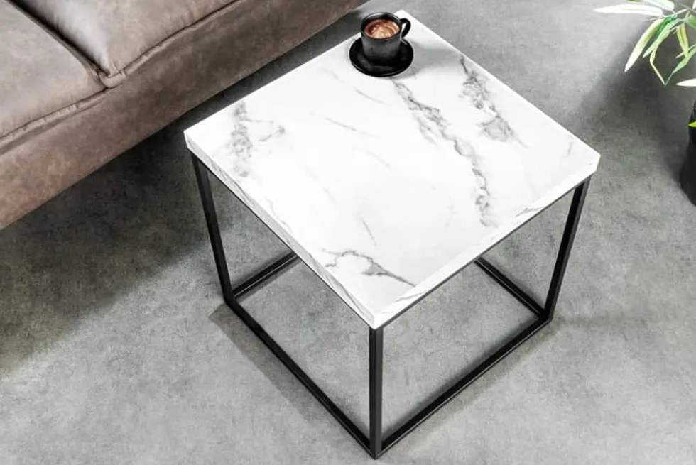 Moderner Beistelltisch ARCHITECTURE 45cm weiß Marmor-Design Metallgestell