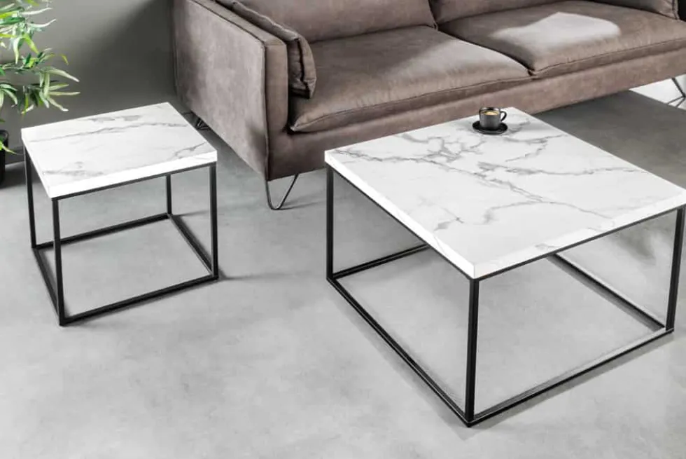 Moderner Beistelltisch ARCHITECTURE 45cm weiß Marmor-Design Metallgestell