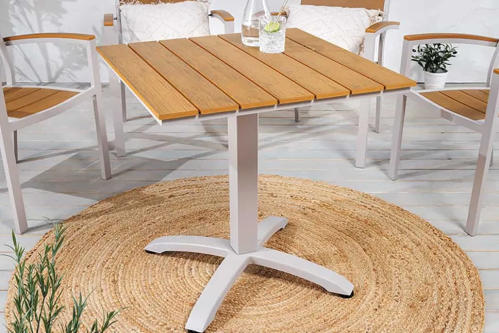 Moderner Bistrotisch DESIGNO 70cm natur greige Aluminium wetterfest Gartentisch