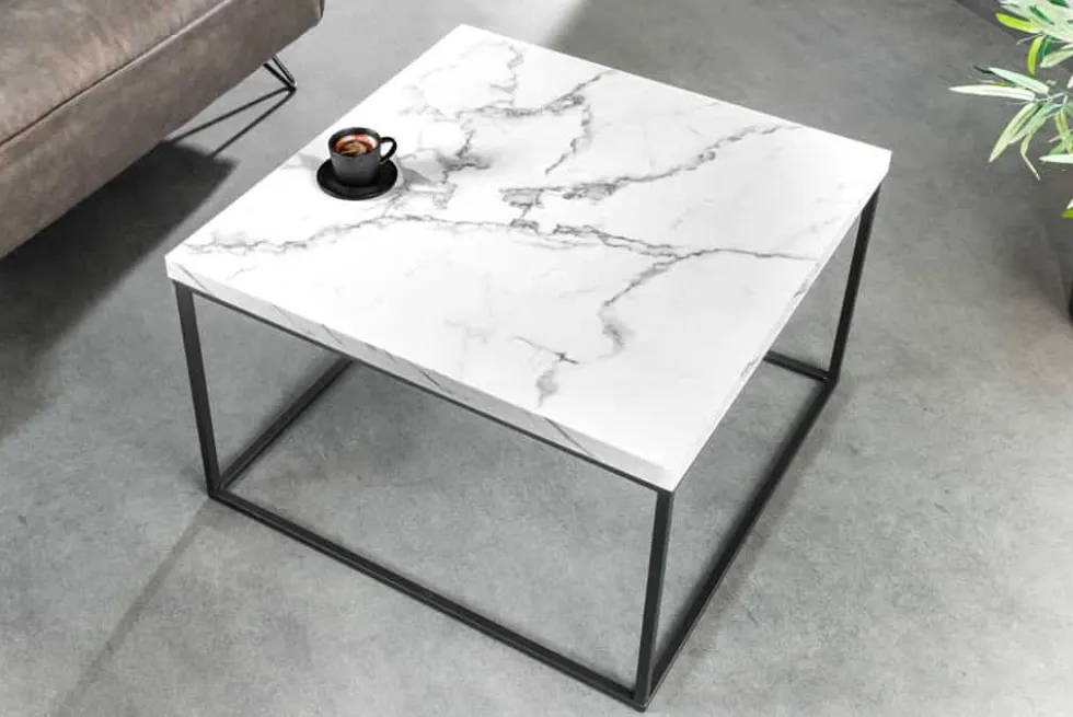 Moderner Couchtisch ARCHITECTURE 60cm weiß Marmor-Design Metallgestell
