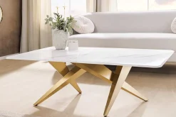 Moderner Couchtisch ART LIVING 130cm weiß Marmor Keramik champagner gold brushed