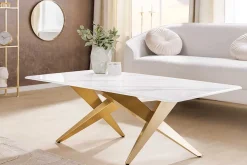 Moderner Couchtisch ART LIVING 130cm weiß Marmor Keramik champagner gold brushed