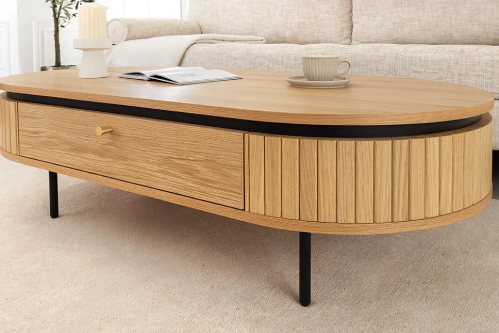 Moderner Couchtisch ATELIER 120cm natur Eiche schwarz mit zwei Schubladen