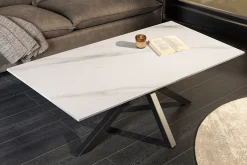 Moderner Couchtisch GALAXIE 100cm weiß Keramik schwarz Metall Sterngestell