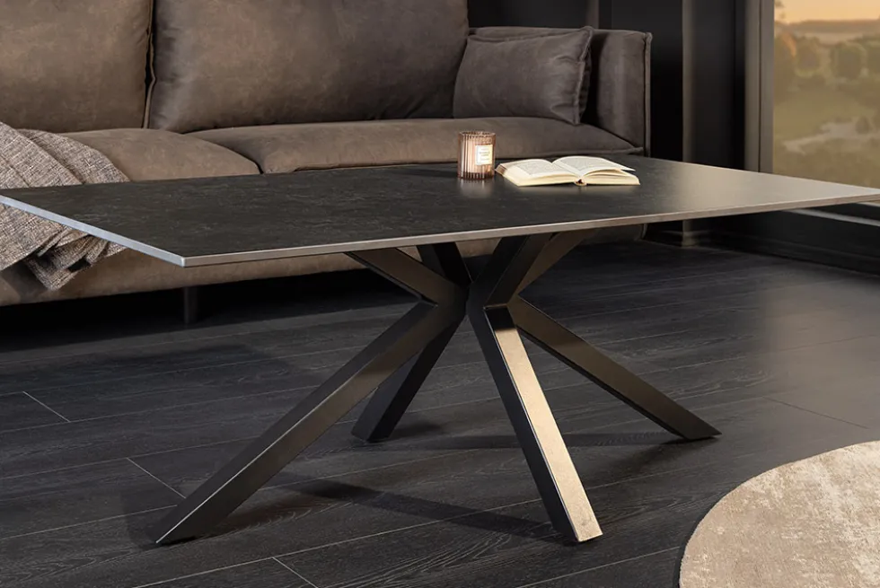Moderner Couchtisch GALAXIE 100cm anthrazit Keramik schwarz Metall Sterngestell