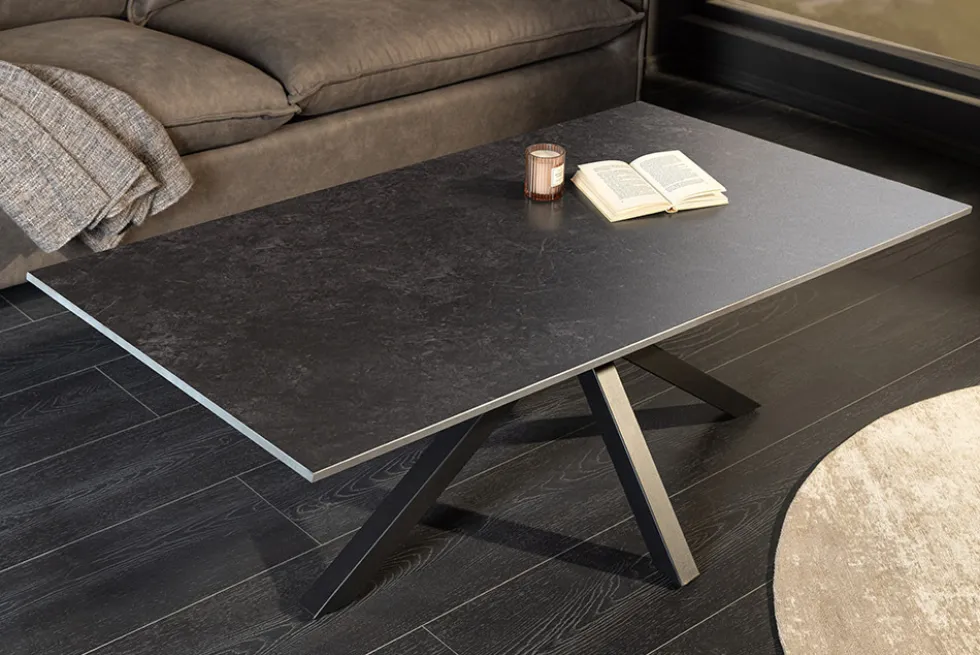 Moderner Couchtisch GALAXIE 100cm anthrazit Keramik schwarz Metall Sterngestell