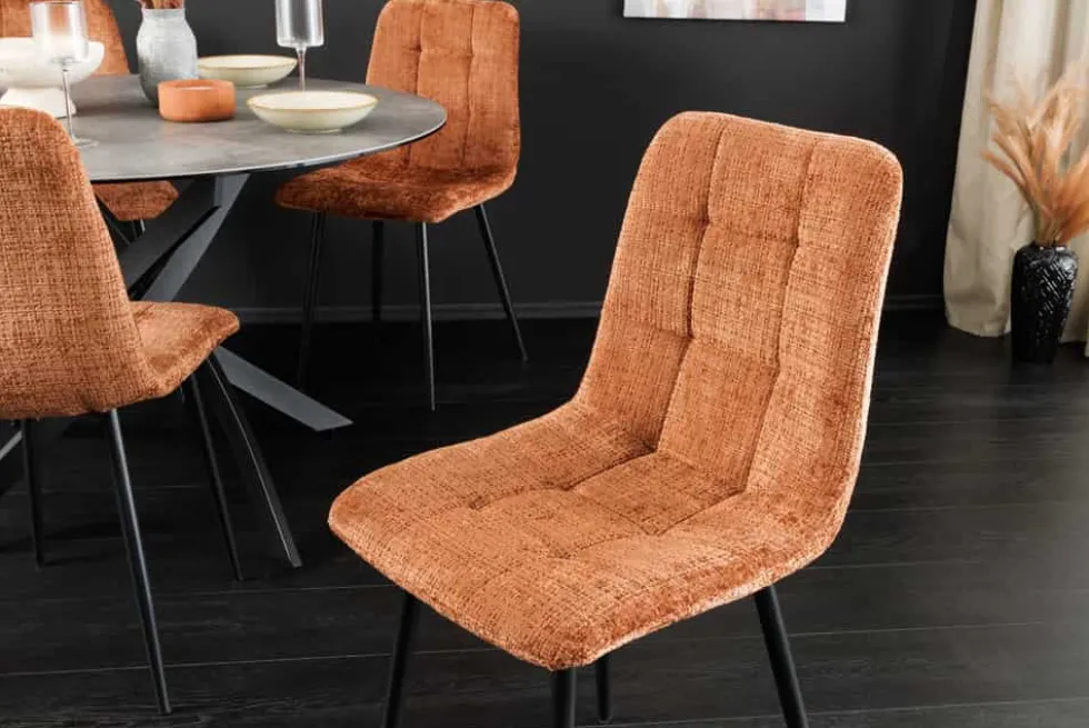 Moderner Design Stuhl TRES CHIC rost braun Chenille Cremona schwarze Metallbeine