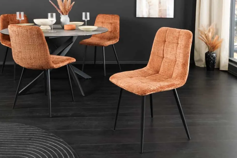 Moderner Design Stuhl TRES CHIC rost braun Chenille Cremona schwarze Metallbeine
