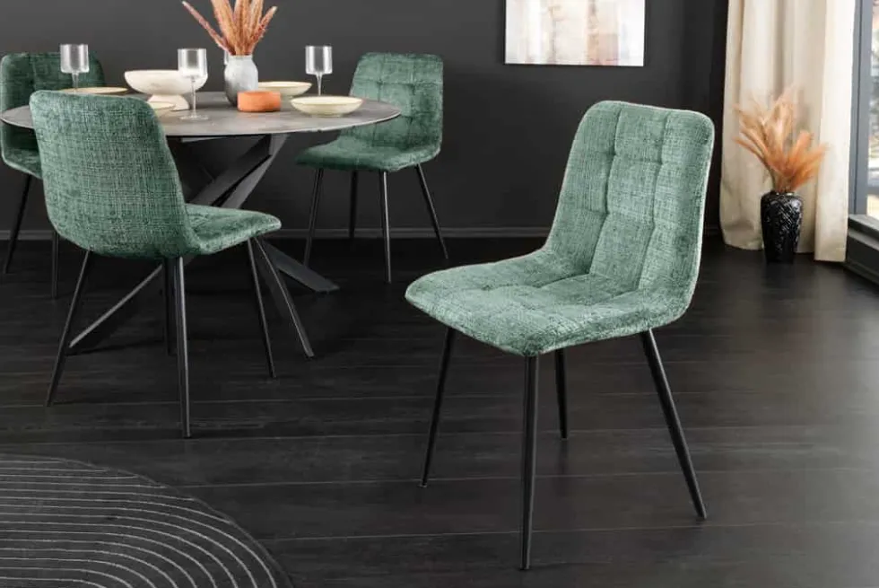 Moderner Design Stuhl TRES CHIC grün Chenille Cremona schwarze Metallbeine