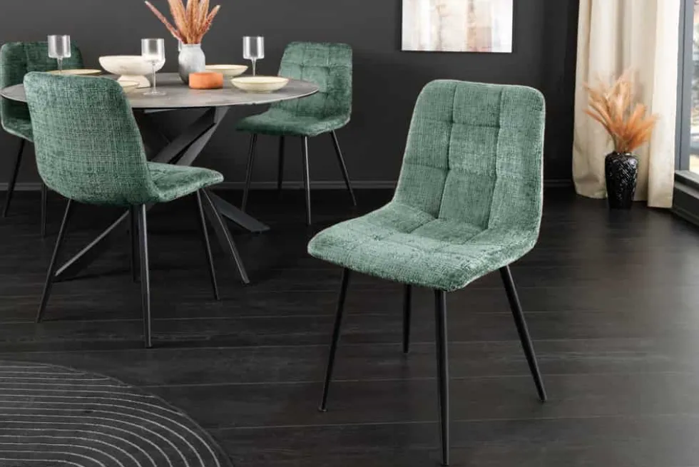 Moderner Design Stuhl TRES CHIC grün Chenille Cremona schwarze Metallbeine