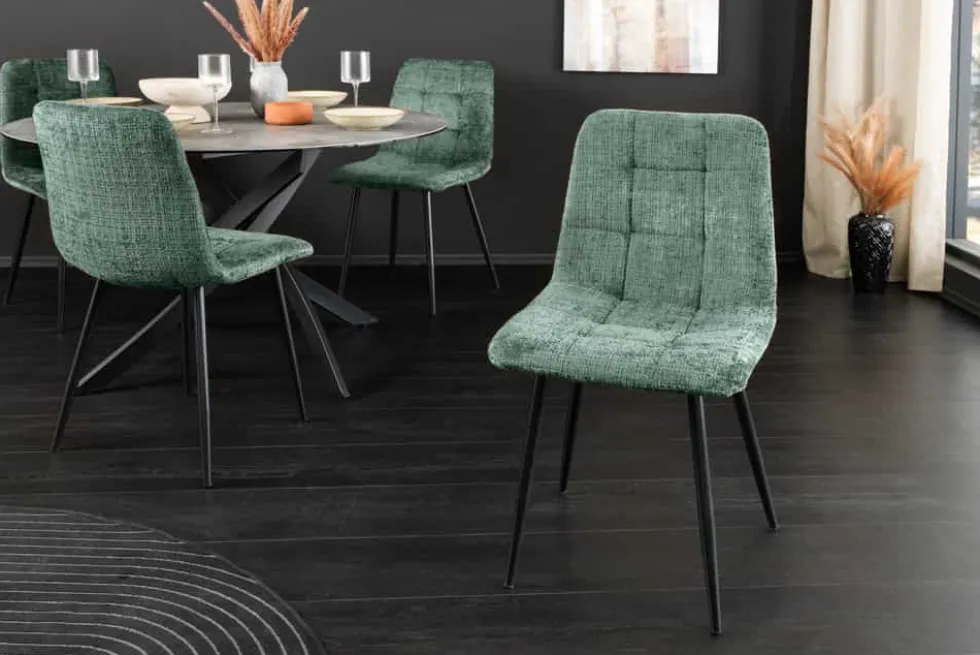 Moderner Design Stuhl TRES CHIC grün Chenille Cremona schwarze Metallbeine