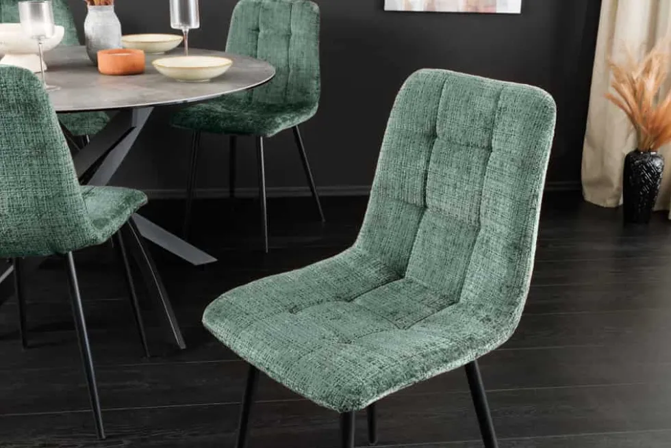 Moderner Design Stuhl TRES CHIC grün Chenille Cremona schwarze Metallbeine