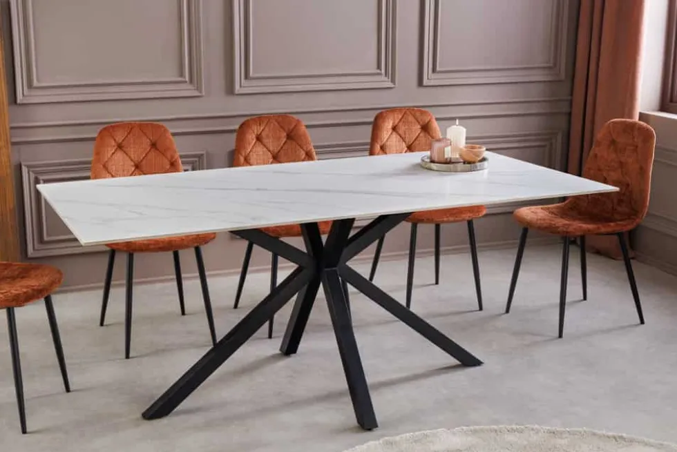 Moderner Esstisch GALAXIE 160cm weiß Keramik schwarz Metall Sterngestell