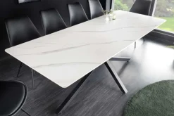Moderner Esstisch GALAXIE 160cm weiß Keramik Marmor-Design glänzend Metallgestell schwarz