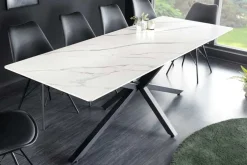 Moderner Esstisch GALAXIE 160cm weiß Keramik Marmor-Design glänzend Metallgestell schwarz