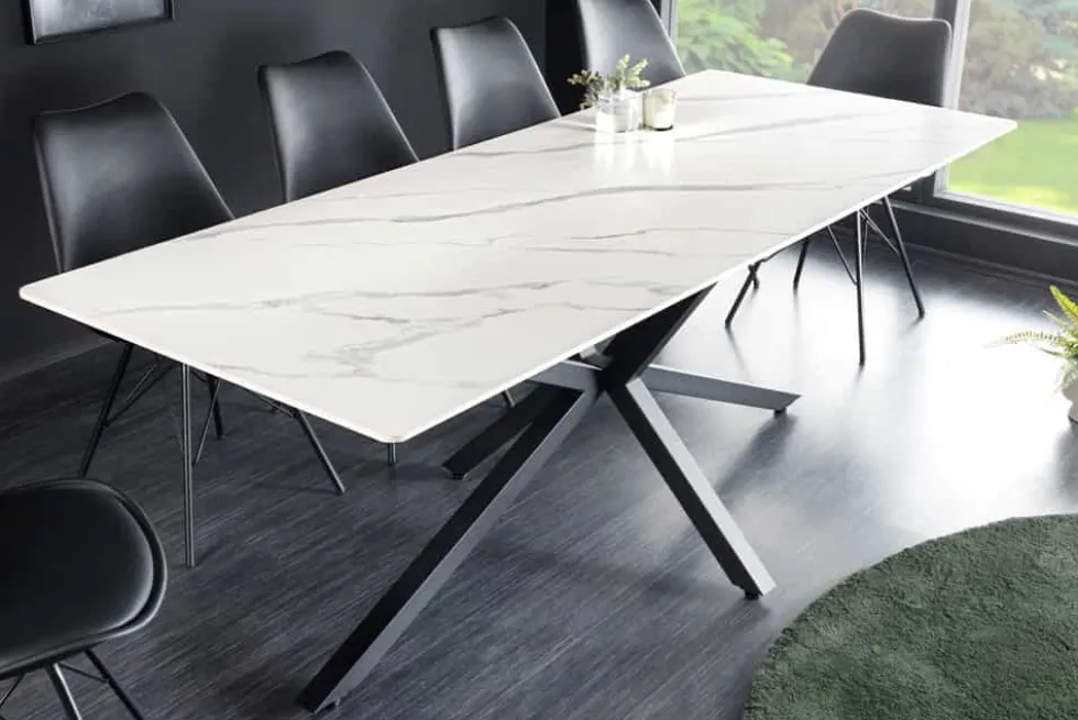Moderner Esstisch GALAXIE 160cm weiß Keramik Marmor-Design glänzend Metallgestell schwarz