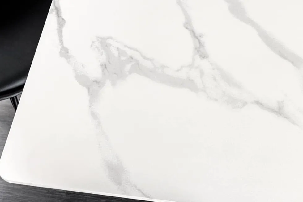 Moderner Esstisch GALAXIE 160cm weiß Keramik Marmor-Design glänzend Metallgestell schwarz