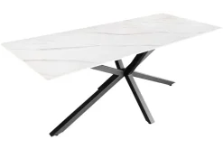 Moderner Esstisch GALAXIE 160cm weiß Keramik Marmor-Design glänzend Metallgestell schwarz