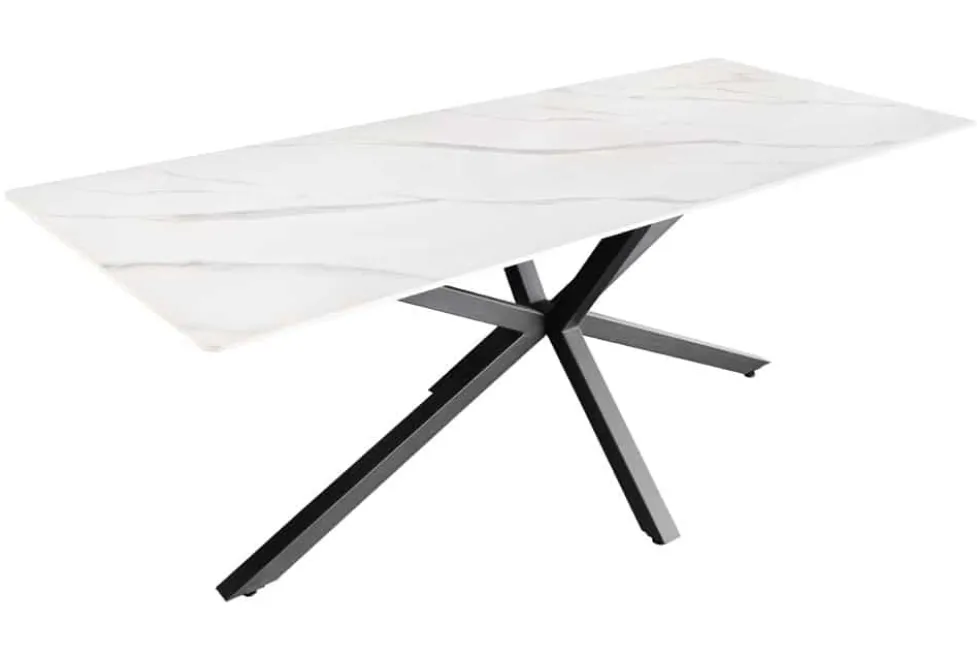 Moderner Esstisch GALAXIE 160cm weiß Keramik Marmor-Design glänzend Metallgestell schwarz