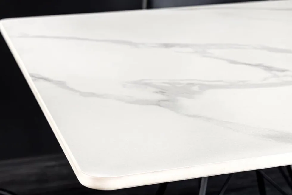 Moderner Esstisch GALAXIE 160cm weiß Keramik Marmor-Design glänzend Metallgestell schwarz
