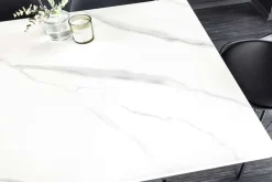 Moderner Esstisch GALAXIE 160cm weiß Keramik Marmor-Design glänzend Metallgestell schwarz