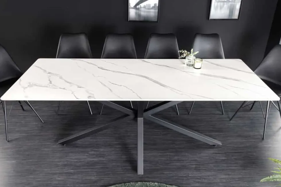 Moderner Esstisch GALAXIE 160cm weiß Keramik Marmor-Design glänzend Metallgestell schwarz