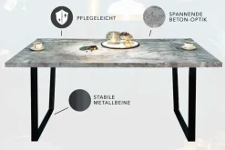 Moderner Esstisch LOFT 160cm grau Beton-Design schwarze Metallbeine Kufengestell Industrial