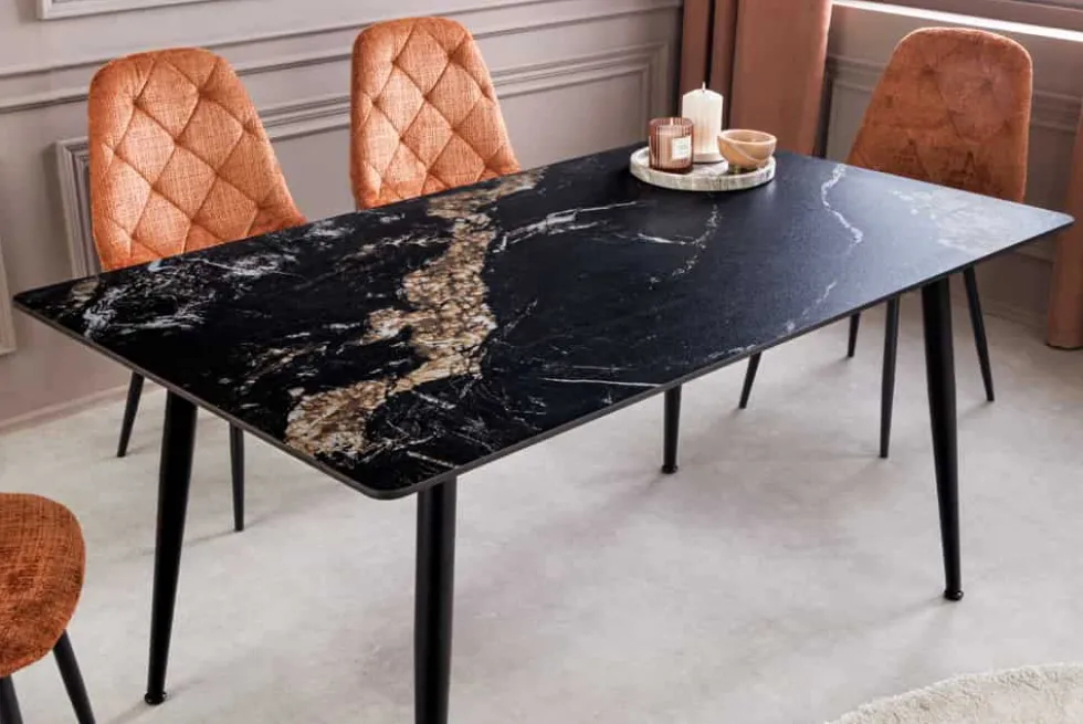 Moderner Esstisch MILANO 140cm schwarz gold sand Aurora Oro Keramik Metallgestell