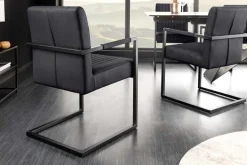 Moderner Freischwinger Stuhl BIG ASTON Echtleder schwarz Taschenfederkern Metall