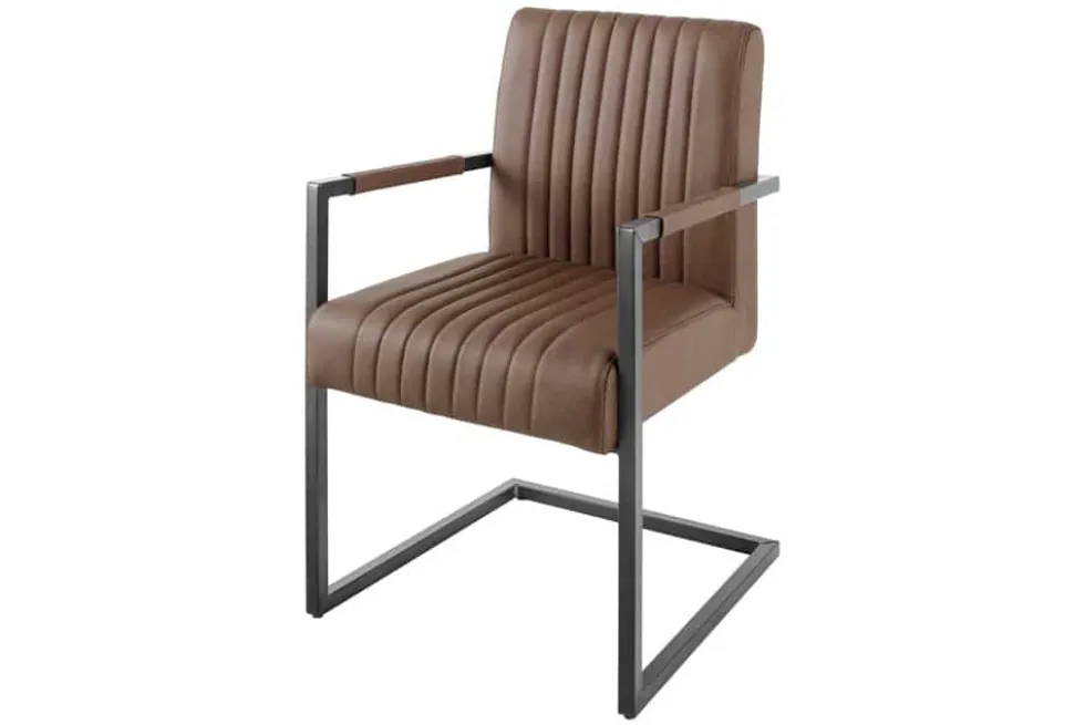 Moderner Freischwinger Stuhl BIG ASTON Echtleder vintage braun Taschenfederkern Metall