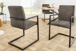 Moderner Freischwinger Stuhl LOFT taupe grau Microfaser mit Armlehne Eisengestell schwarz