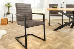 Moderner Freischwinger Stuhl LOFT taupe grau Microfaser mit Armlehne Eisengestell schwarz