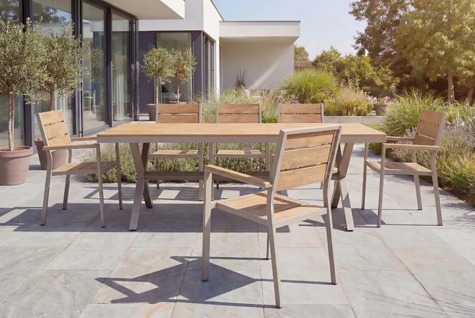 Moderner Gartenstuhl DESIGNO 90cm natur greige Aluminium stapelbar wetterfest