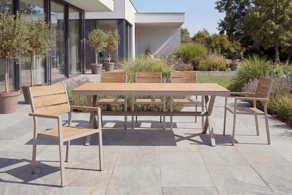 Moderner Gartenstuhl DESIGNO 90cm natur greige Aluminium stapelbar wetterfest