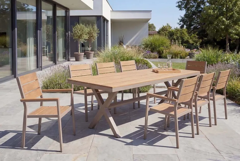 Moderner Gartentisch DESIGNO 200cm natur greige Aluminium wetterfest X-Gestell