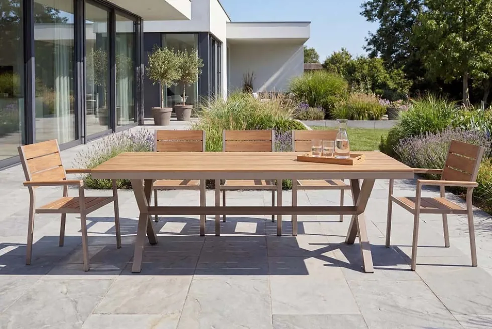 Moderner Gartentisch DESIGNO 200cm natur greige Aluminium wetterfest X-Gestell