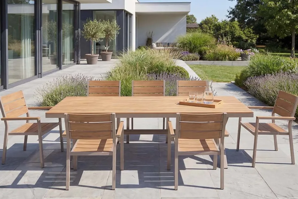Moderner Gartentisch DESIGNO 200cm natur greige Aluminium wetterfest X-Gestell