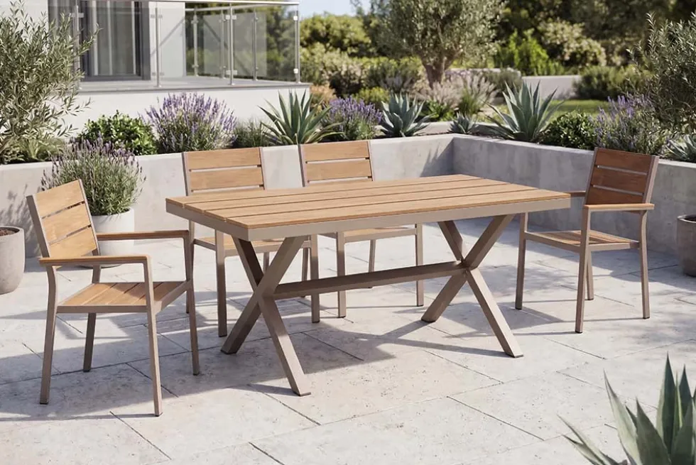 Moderner Gartentisch DESIGNO 150cm natur greige Aluminium wetterfest X-Gestell