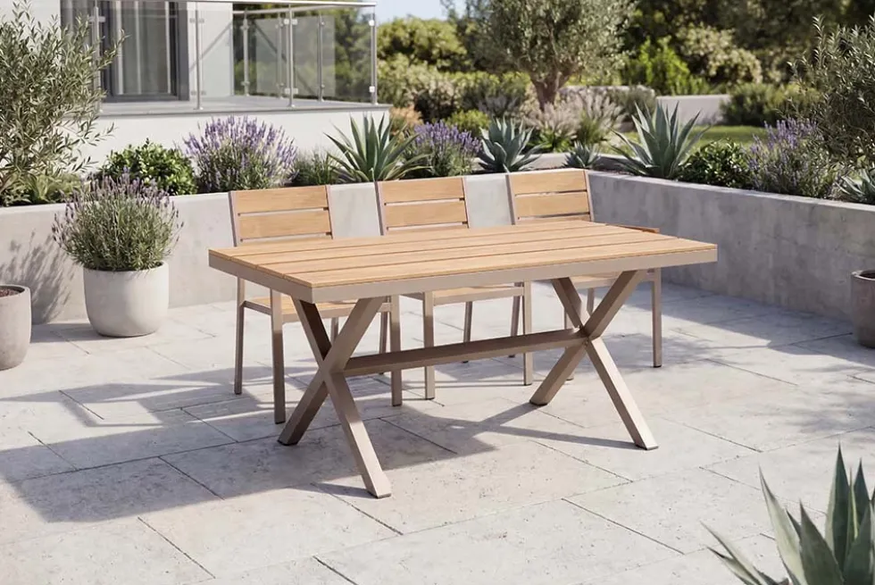 Moderner Gartentisch DESIGNO 150cm natur greige Aluminium wetterfest X-Gestell