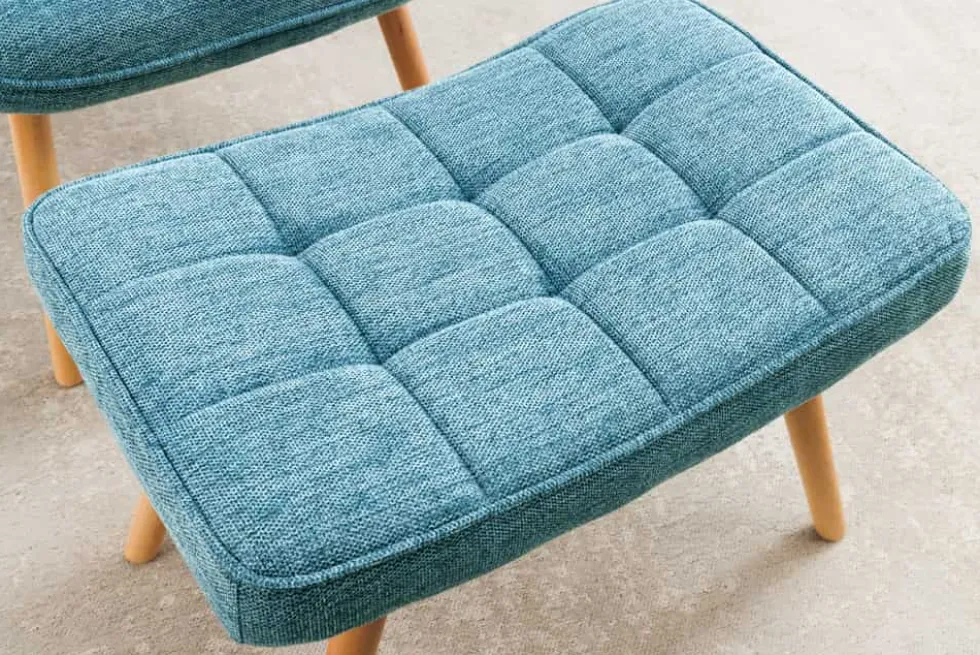 Moderner Hocker SCANDINAVIA blau Strukturstoff Massivholz-Beine Fußhocker