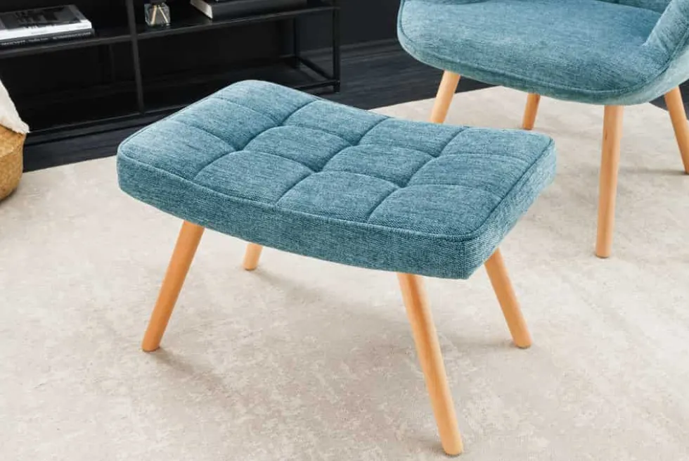 Moderner Hocker SCANDINAVIA blau Strukturstoff Massivholz-Beine Fußhocker