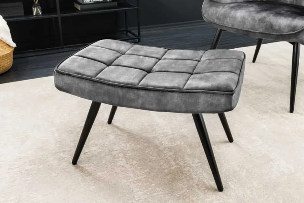 Moderner Hocker SCANDINAVIA grau Samt schwarze Metallbeine Fußhocker