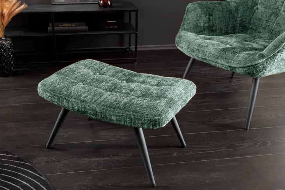 Moderner Hocker SCANDINAVIA grün Chenille Cremona Metallbeine Fußhocker